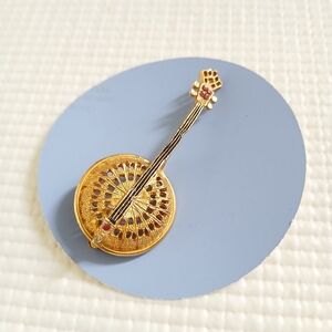 Vintage Banjo music instrument Brooch, gold tone, rhinestones, As Is